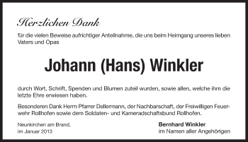 Traueranzeige von Johann Winkler von Pegnitz-Zeitung